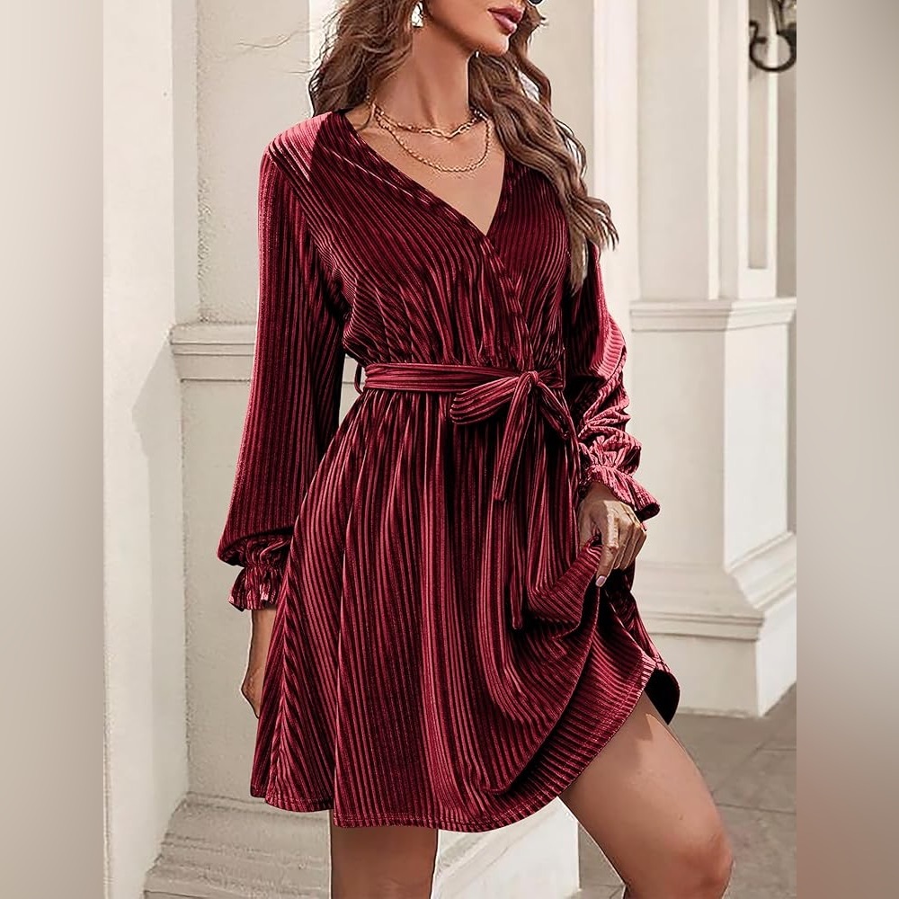 Women's Velvet Wrap, V Neck, Flared Dress  w/ Long Lantern Sleeve